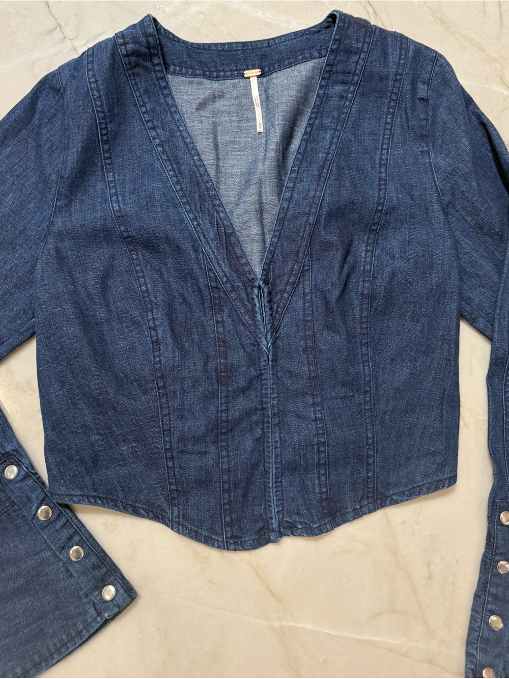 Free People Caroline Corset Denim Top Women’s Size Medium Bell Sleeves Boho EUC